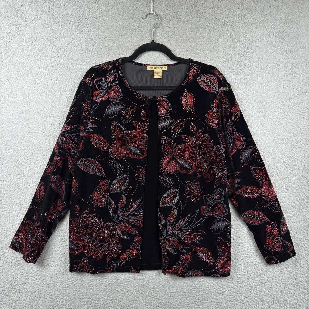 VTG Notations Top Womens‎ XL Black Velvet Layered Paisley Glitter Mature Stretch